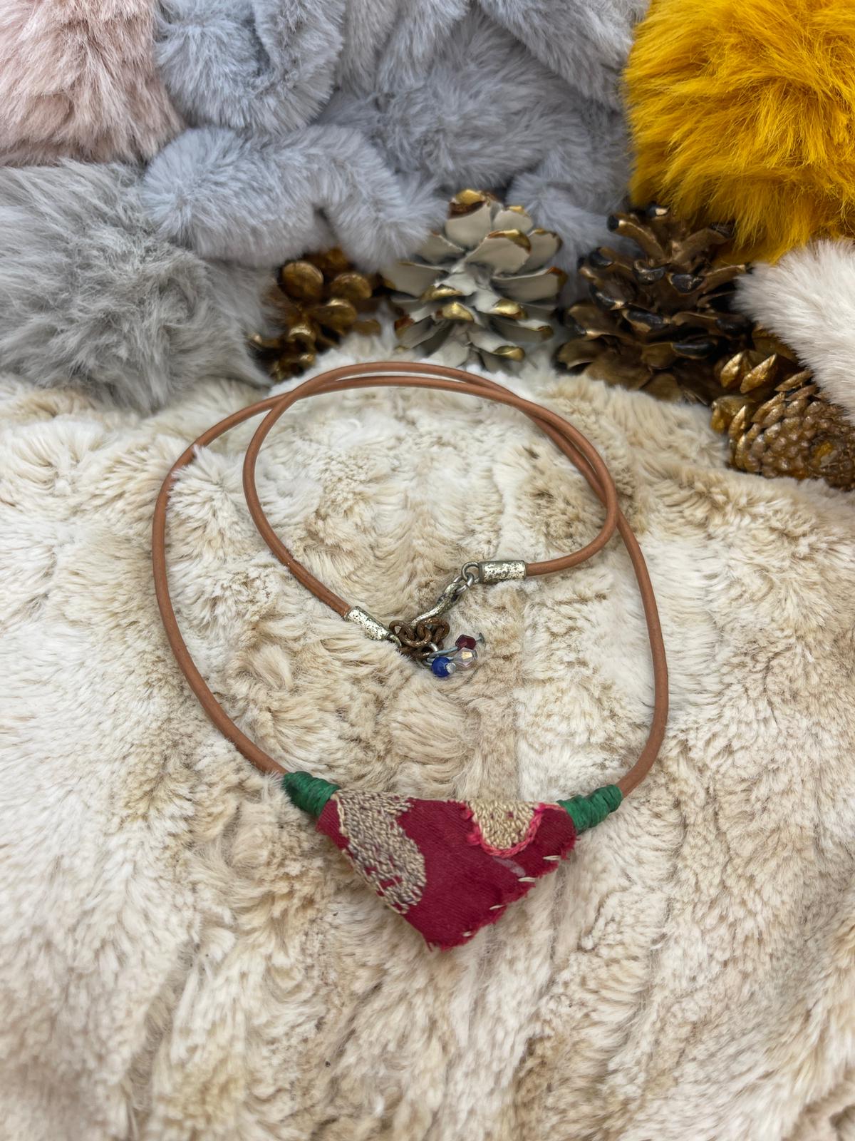 Pink - Green Color, Linen Fabric Detailed, Bohemian, Design Necklace