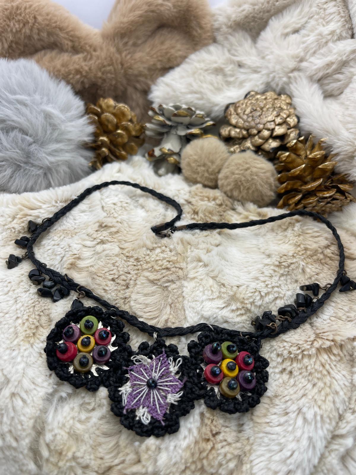 Black - Purple Embroidered Detail, Black Beads and Stones, Bohemian Design Necklace
