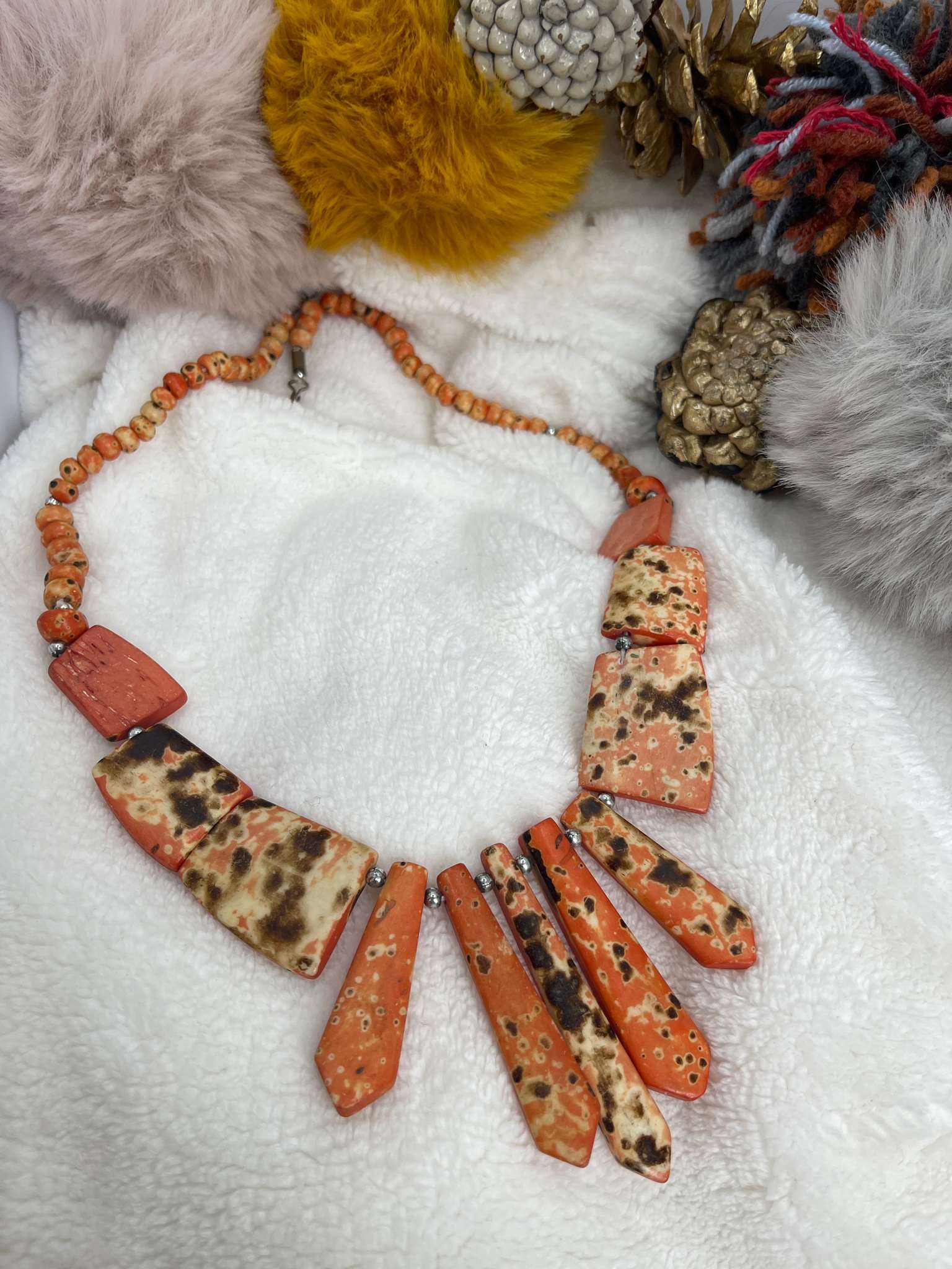 Orange - Black Patterned Bohemian Stone Necklace