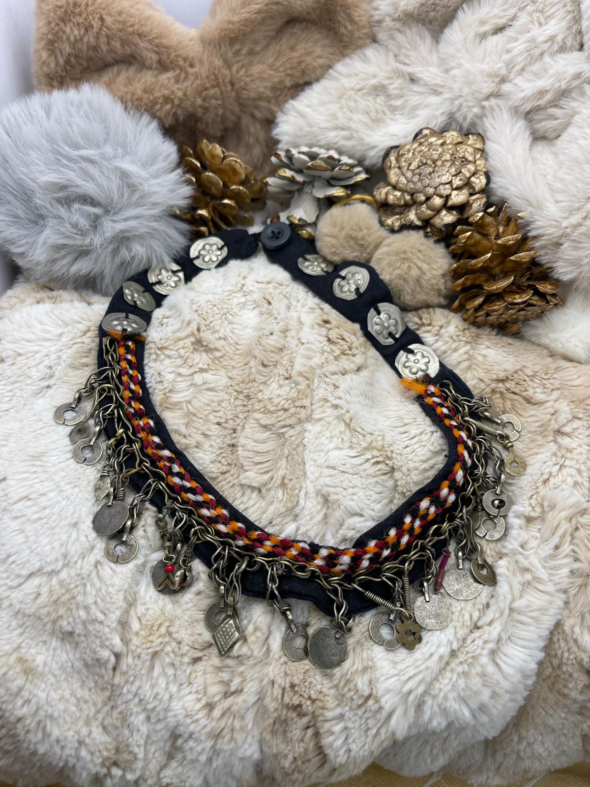 Colorful Detailed, Bohemian, Design Necklace on Navy Blue Fabric