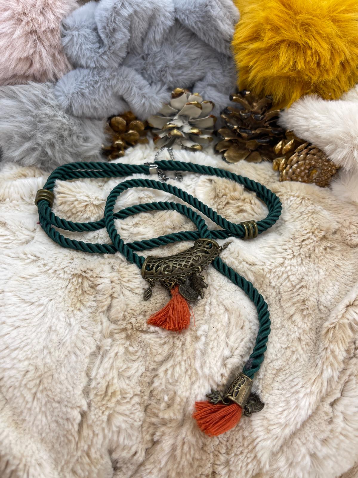 Green Rope and Orange Tassel, Copper Detailed, Bohemian Design Necklace