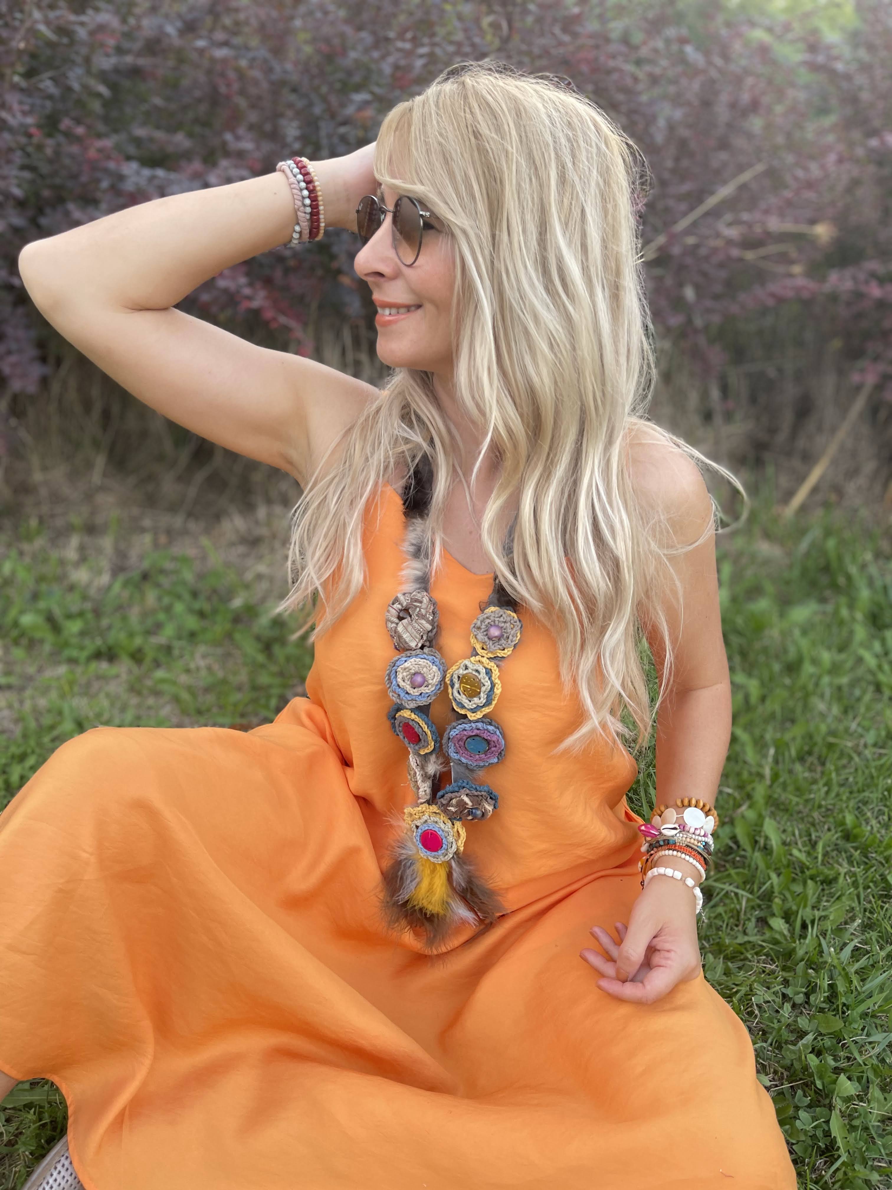 Colorful Flower and Feather Detailed Handmade Bohemian Necklace