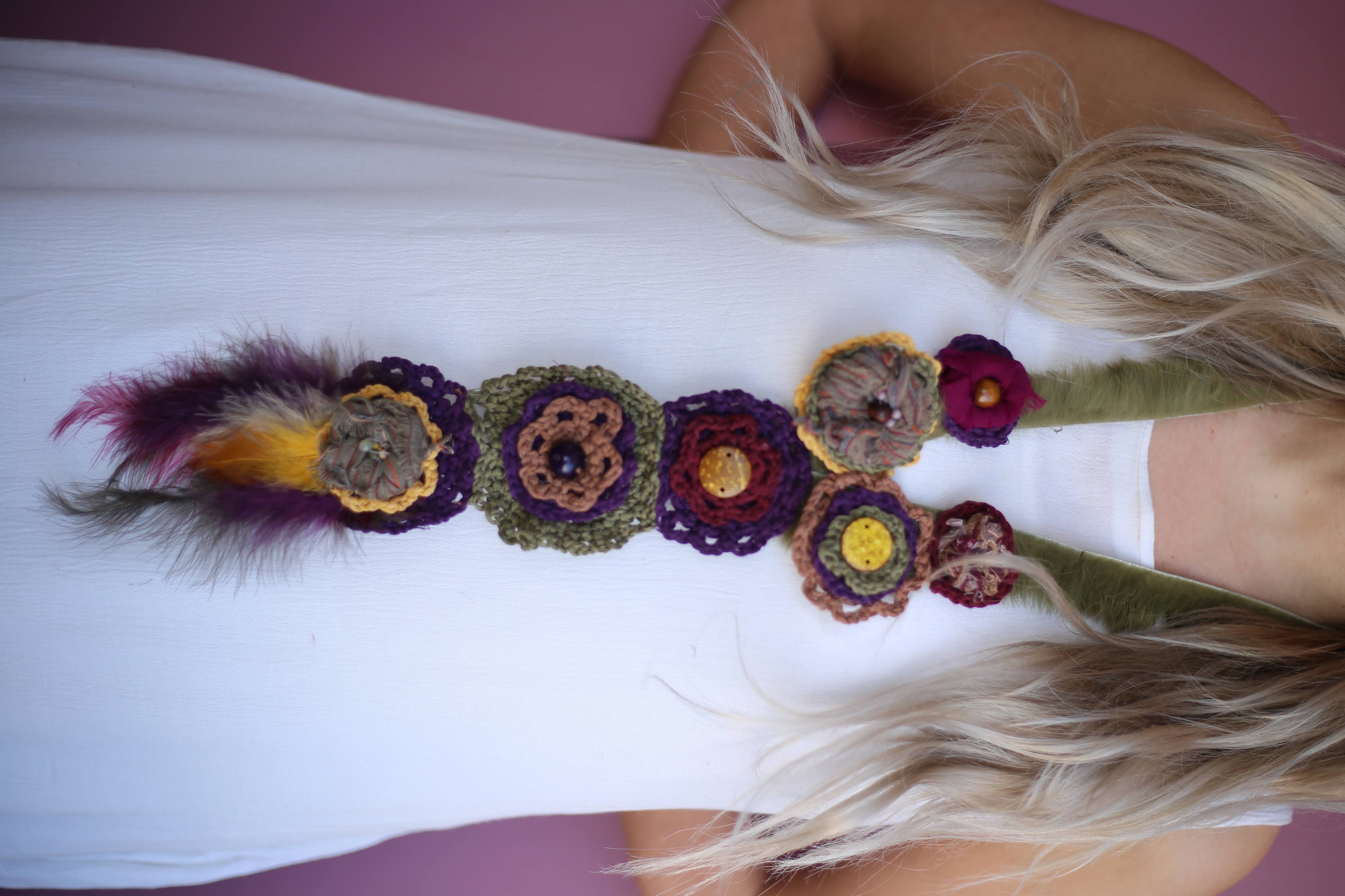 Khaki - Purple Flower and Feather Detail, Handmade, Bohemian Necklace