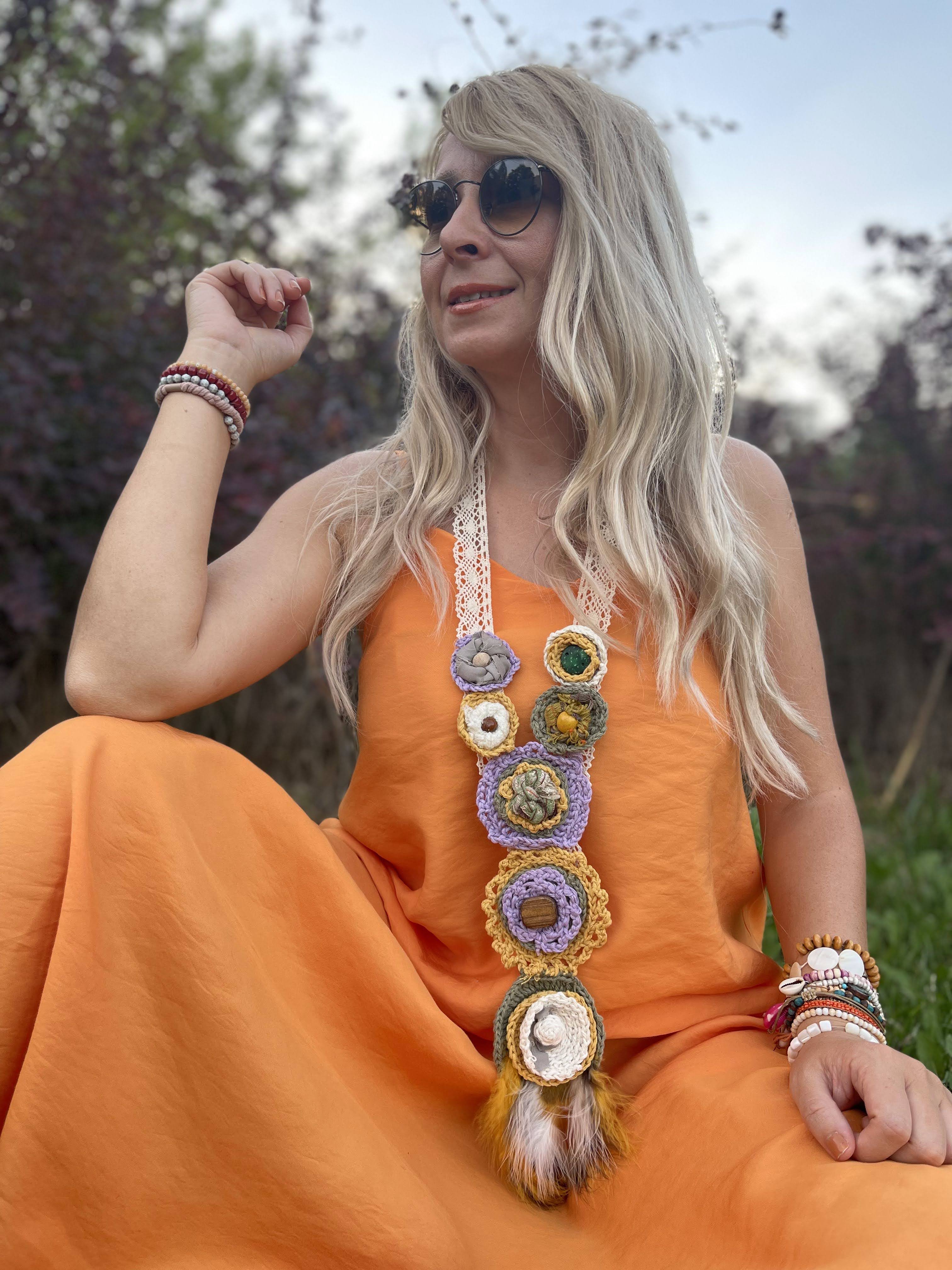 Yellow Flower and Feather Detailed Handmade Bohemian Necklace