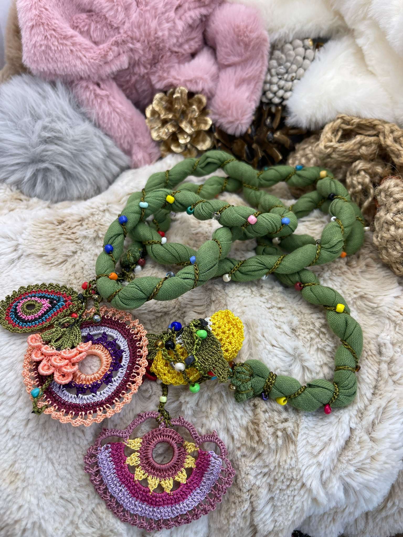 Green - Pink embroidered, Handmade, Bohemian, Designer Necklace