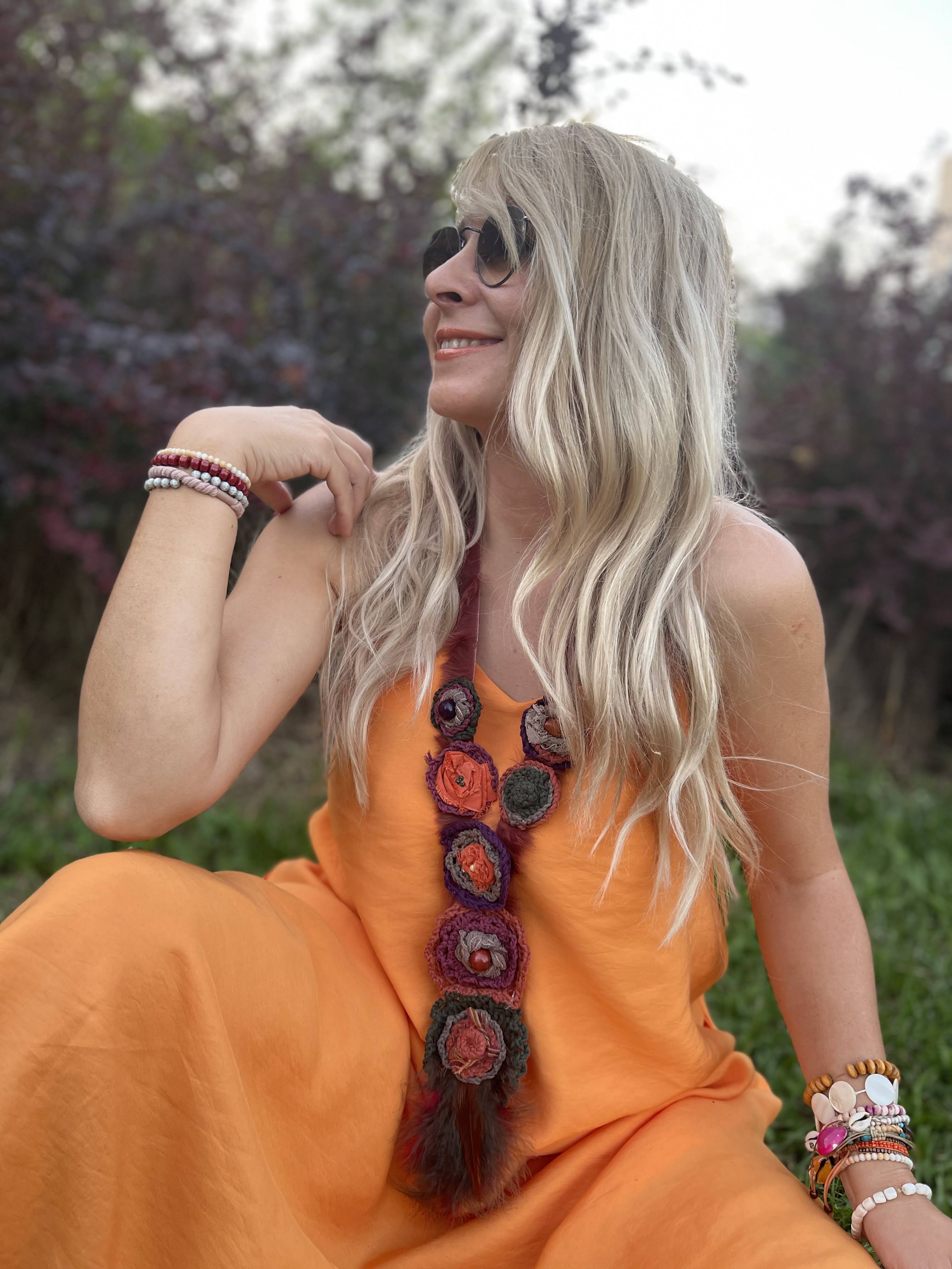 Yellow Flower and Feather Detailed Handmade Bohemian Necklace