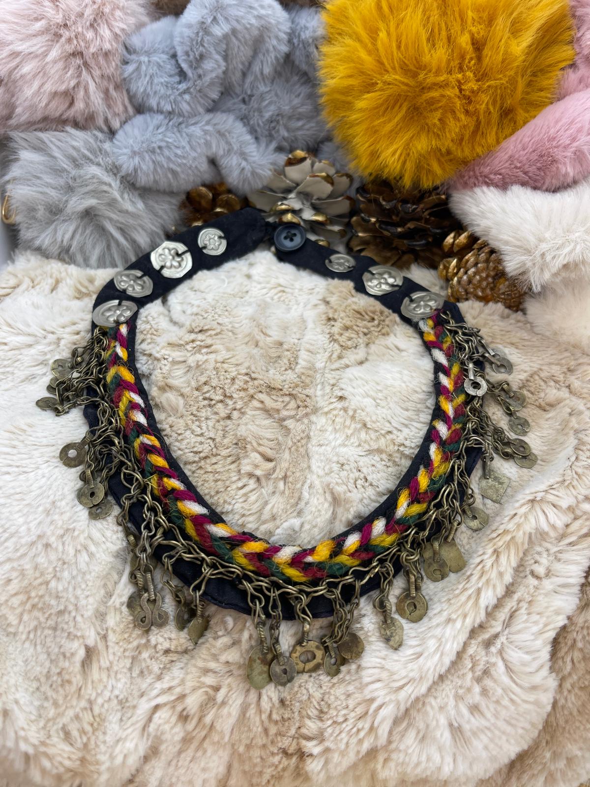 Colorful Detailed, Bohemian, Design Necklace on Navy Blue Fabric