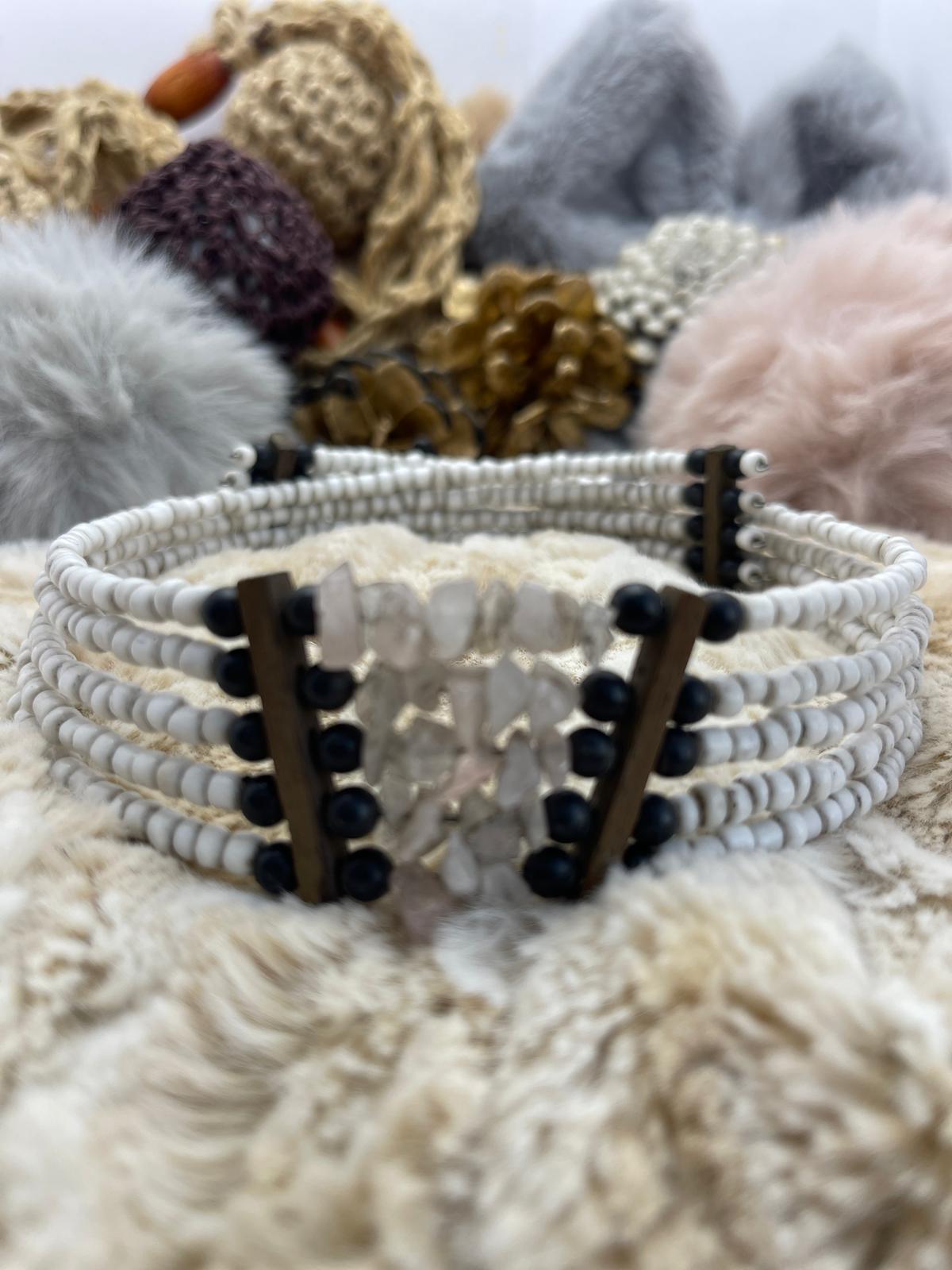 Natural White Raw Crystal Mineral Stone, White - Black Bead Detailed, Bohemian, Design Bracelet